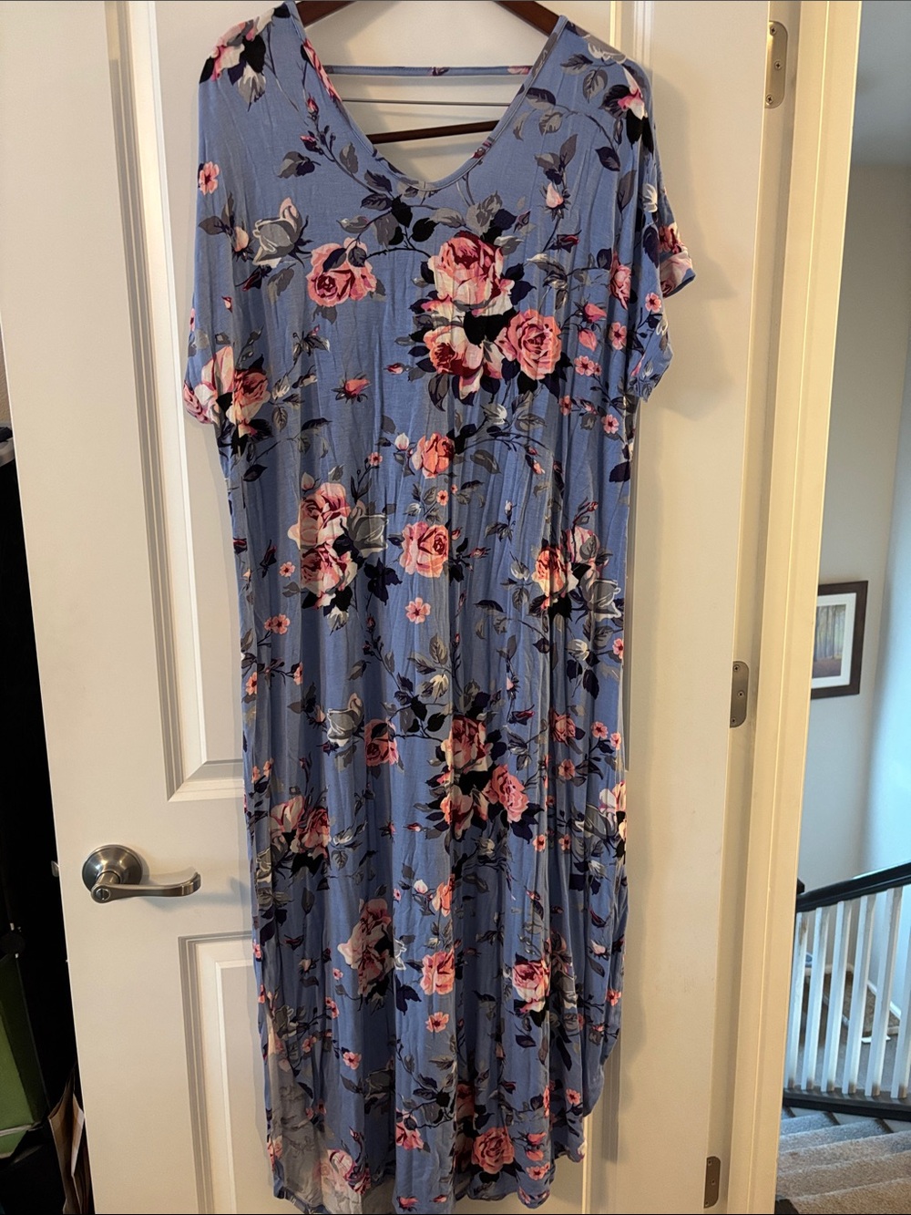 LuLaRoe Floral Maci Dress in Blue with Pink Roses